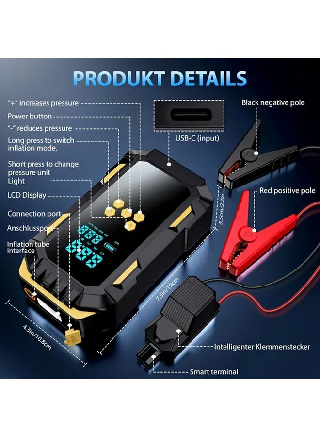 Yellow 9 in 1 Car Battery Jump Starter with Air Compressor Power Bank and Flashlight - Image 4